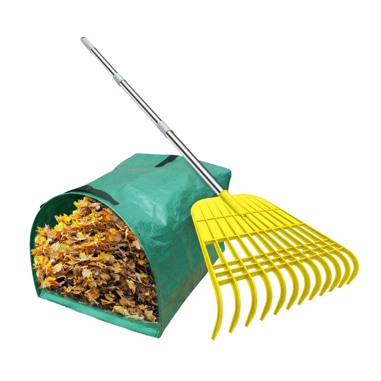 12Tine Gardening Leaf Rake with Detachable Handle & Dustpan Garden Bag  Yellow