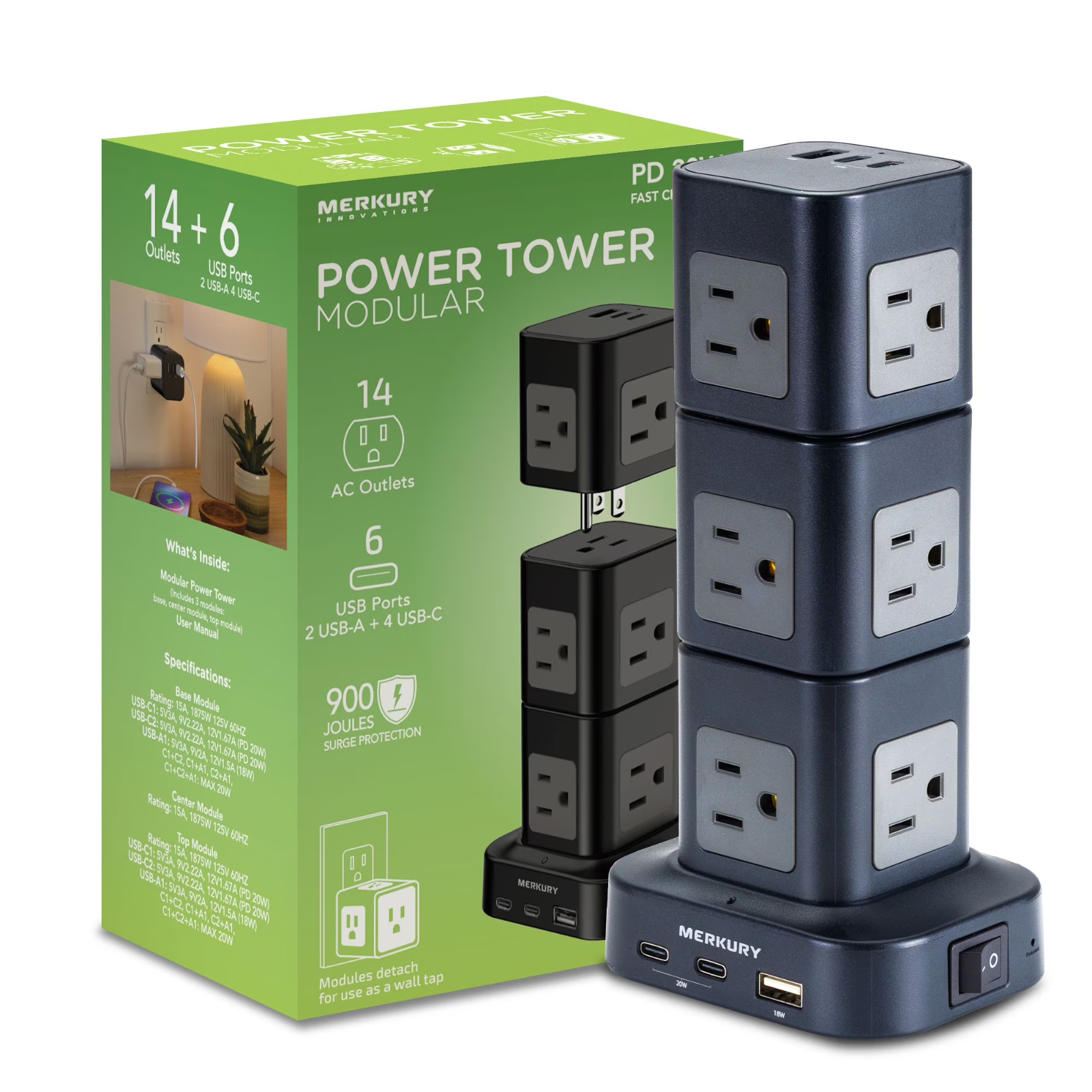 Power Tower Surge Protector, 14 AC, 6 USB-A, 4 USB-C, 4ft Cord, Black