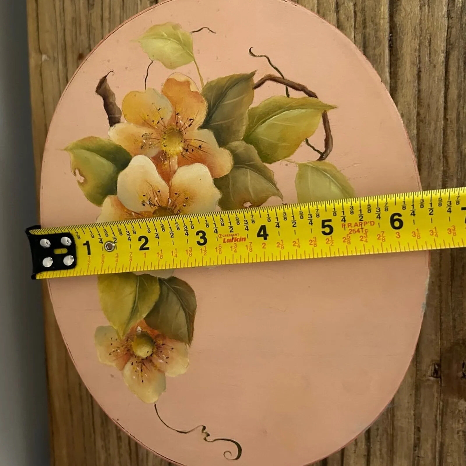 Vtg 1980s Oval Tolle Peach Hand Painted Shaker Wooden Fabic Lined Keepsake Box