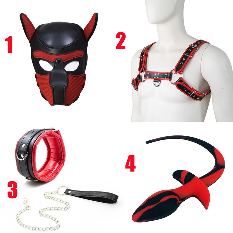 Pet Hood Mask Party Play Leather Chest Harness Strap Dog Tail Plugs Neck Collar