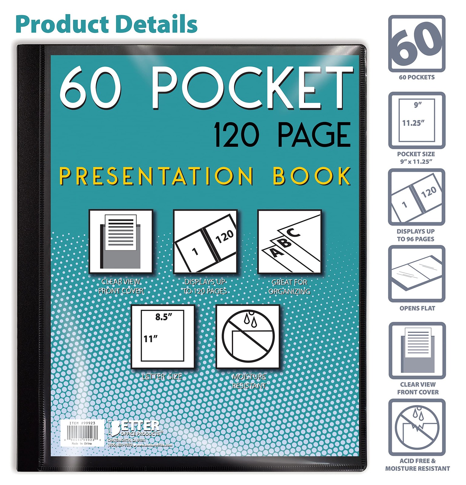 Better Office Products 60 Pocket Bound Black Presentation Book, with Clear Vi...