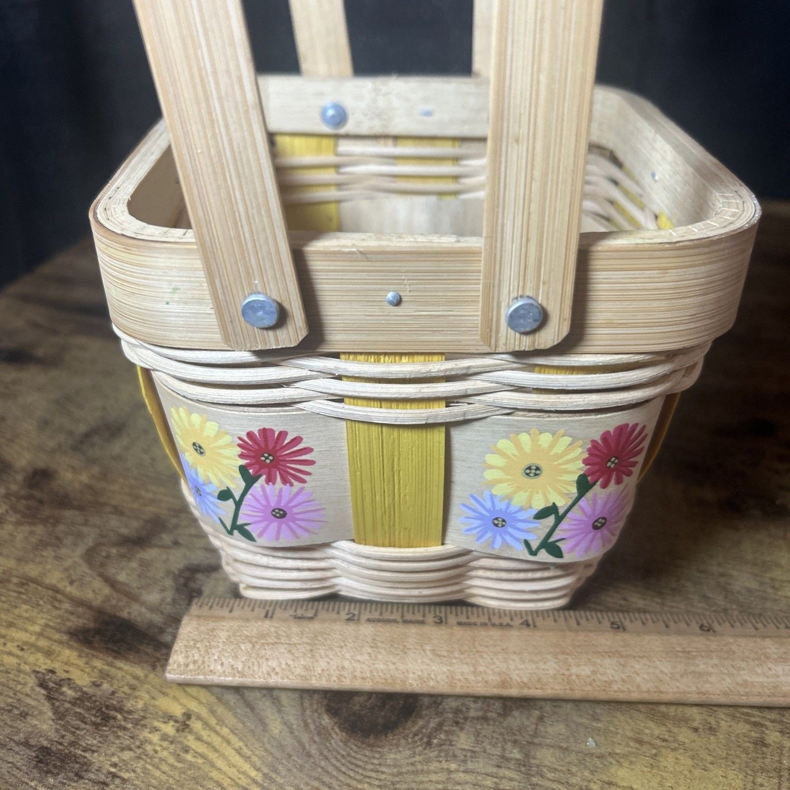 Painted Basket Double Hinge Handles Split Light Color Wood Floral Easter Spring
