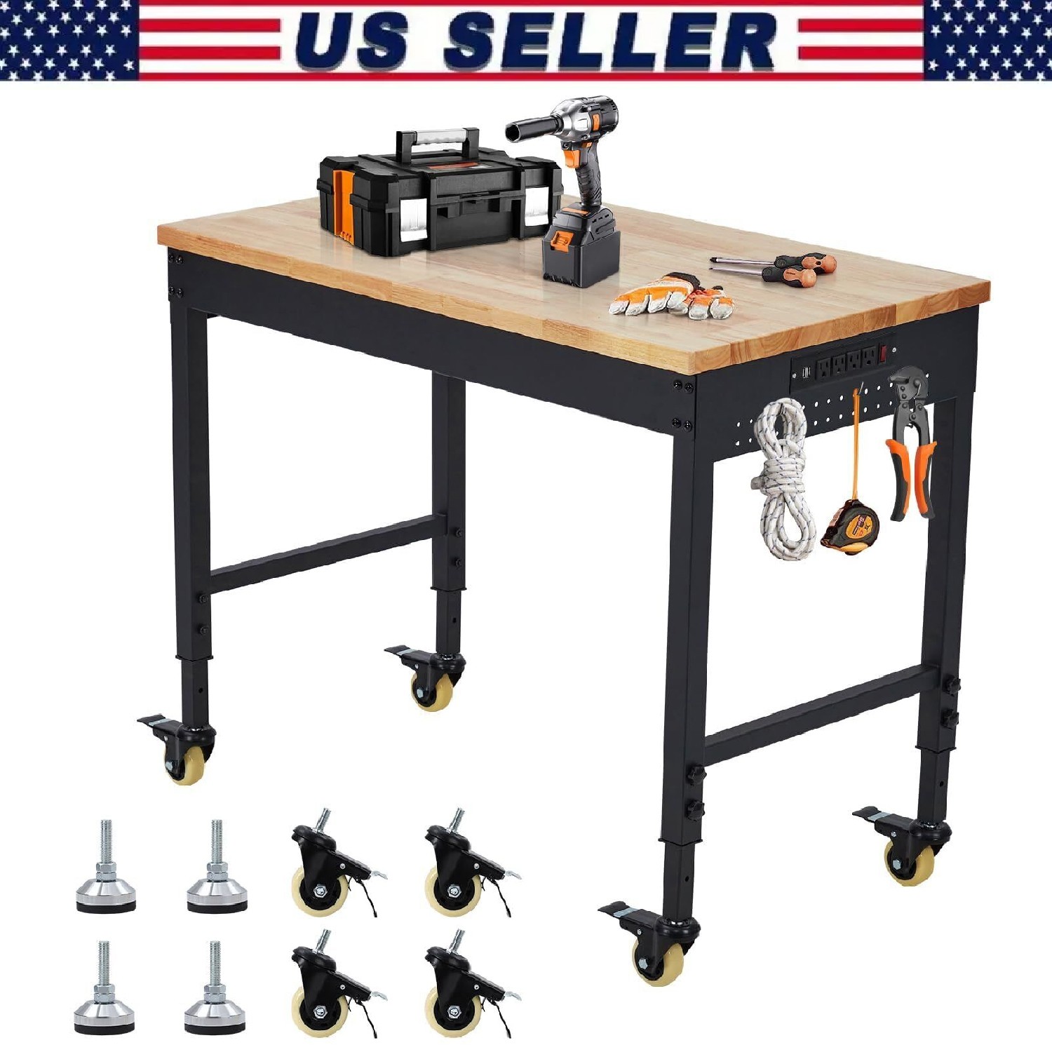 48"x24" Adjustable Workbench ,Heavy Duty Work Table with Power Outlet and Wheels