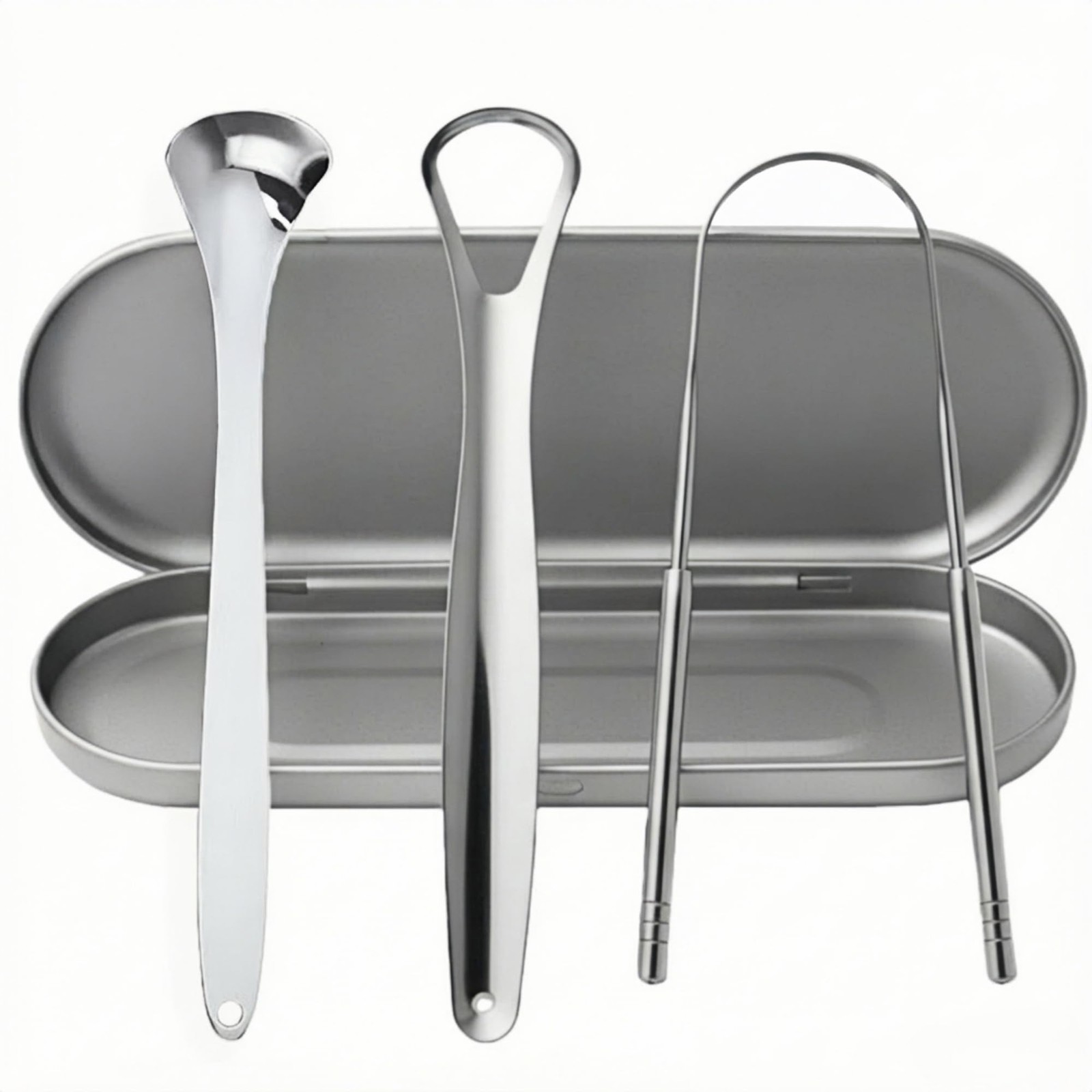 Stainless Steel Tongue Scraper Set, 3 Pack with Metal Travel Case, Silver