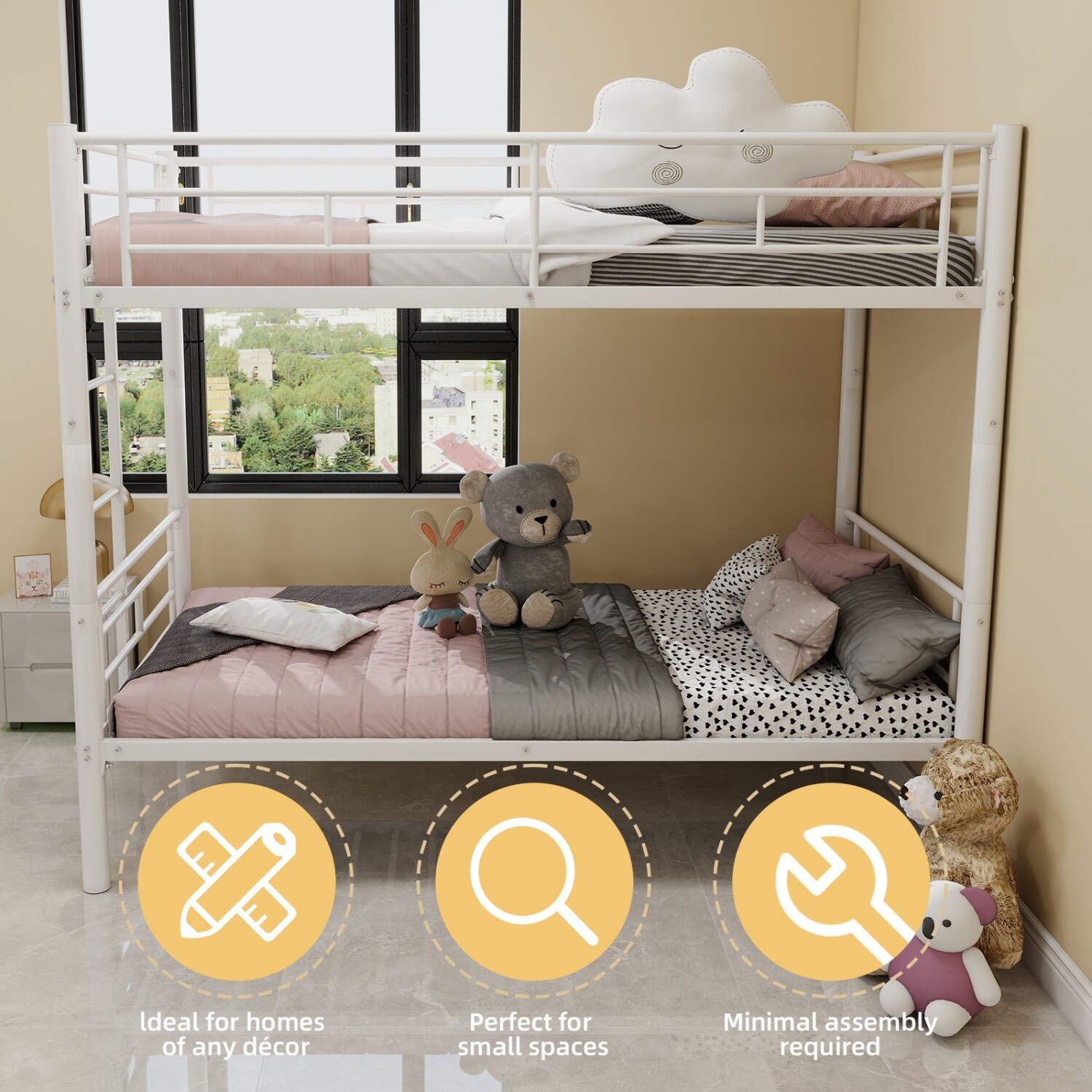 Twin Over Twin Metal Bunk Bed Convertible Twin Size Bed Frame White/Silver/Black