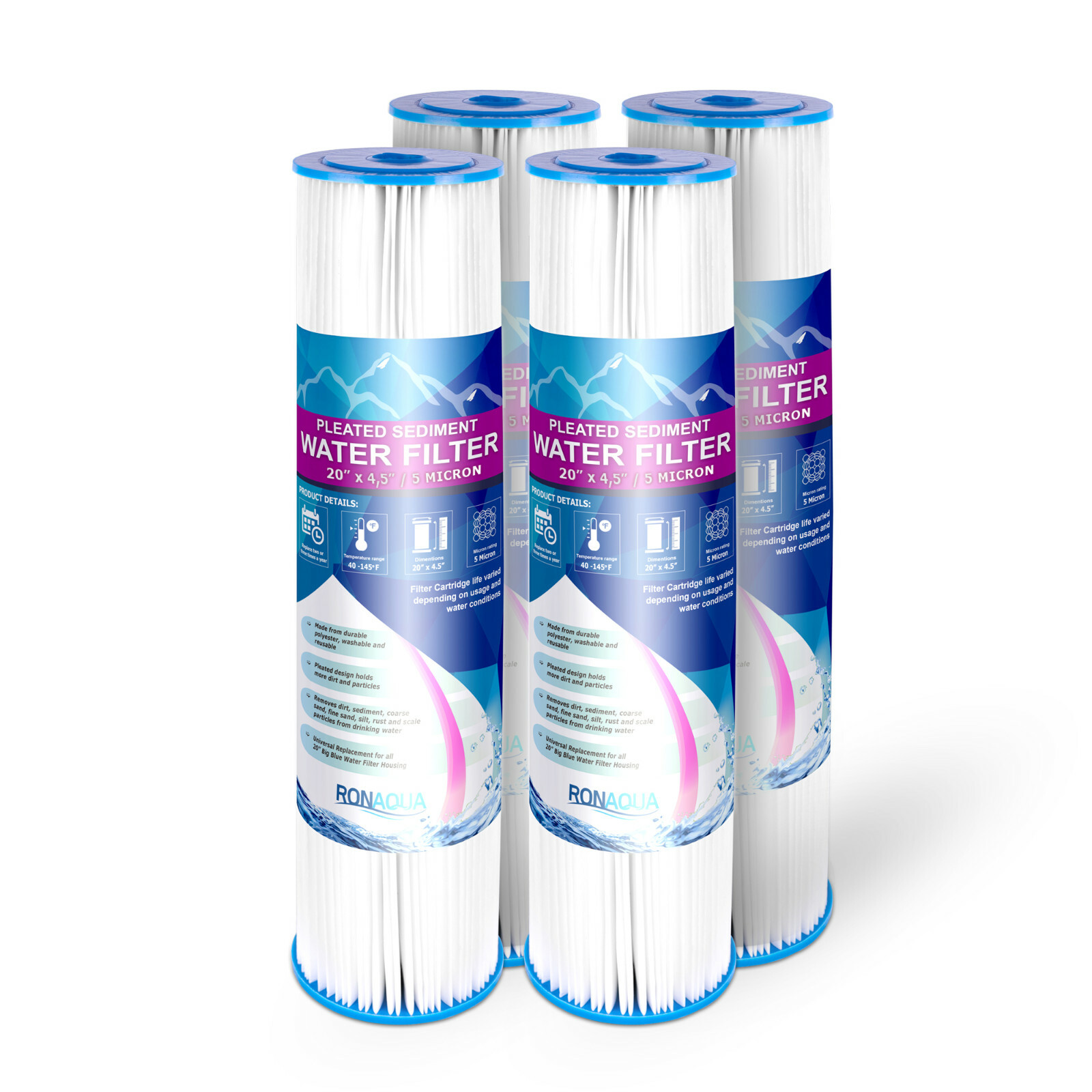 4 Big Blue Pleated Washable (5 Micron) Sediment Filters 20" Big Blue Housing