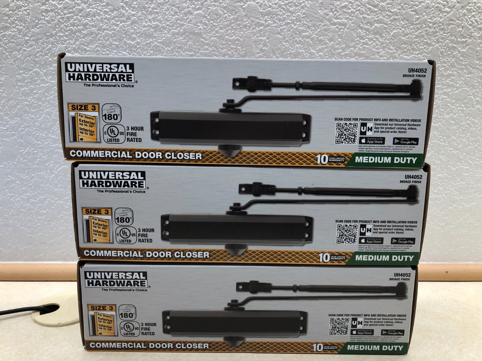 Lot of 3 Commercial Door Closer Medium Duty Bronze UH4052 Size 3 *NEW*