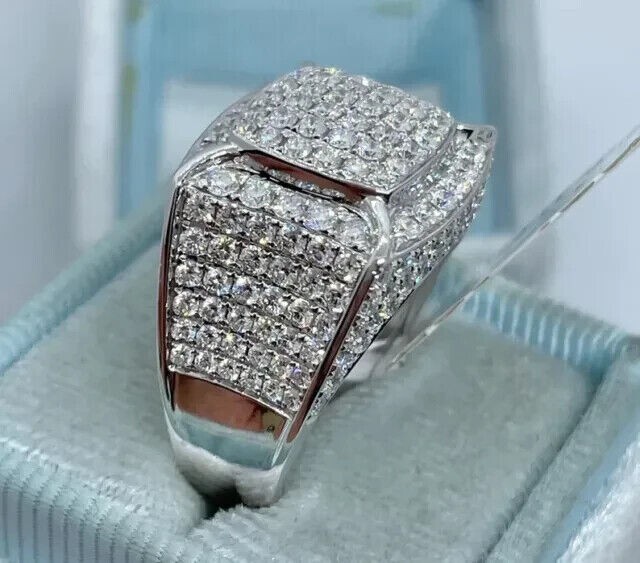 3Ct Round Cut Real Moissanite Men's Pinky Ring 14k White Gold Plated Silver