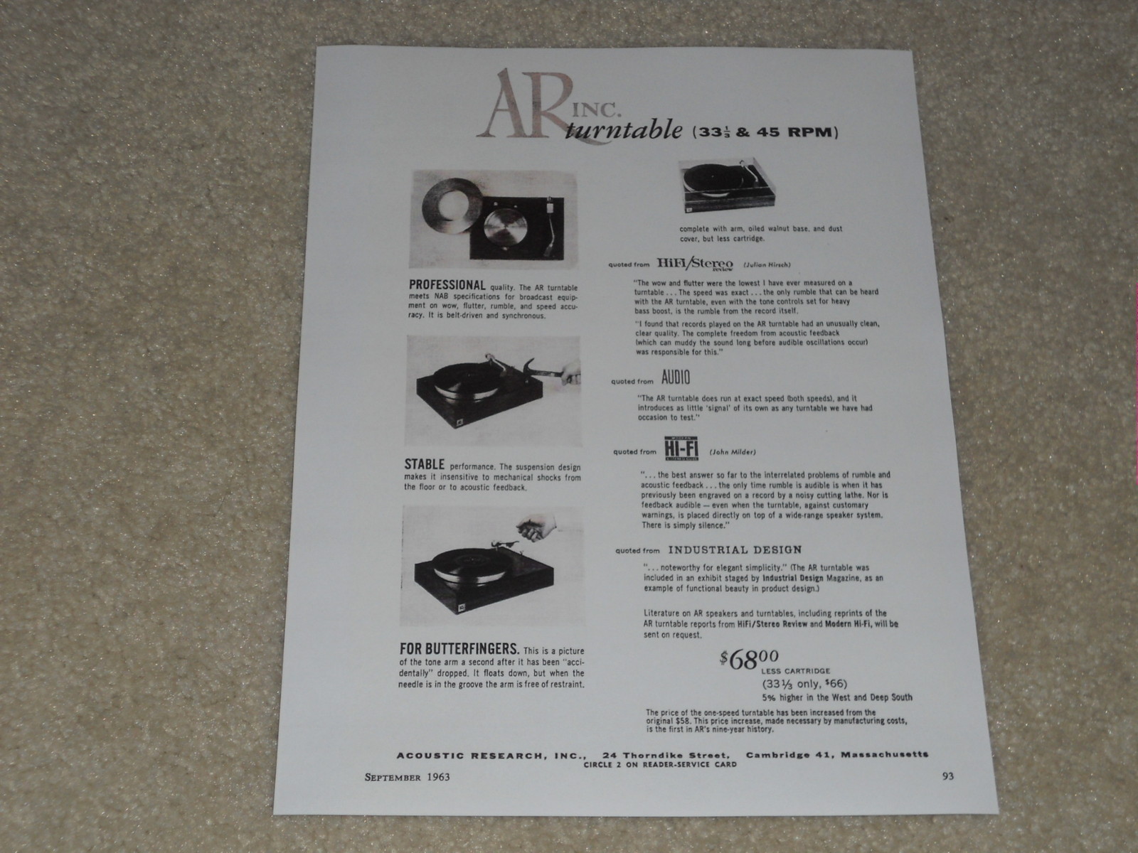 AR Turntable Ad, 1963, 1 page, Reviews, Frame it!