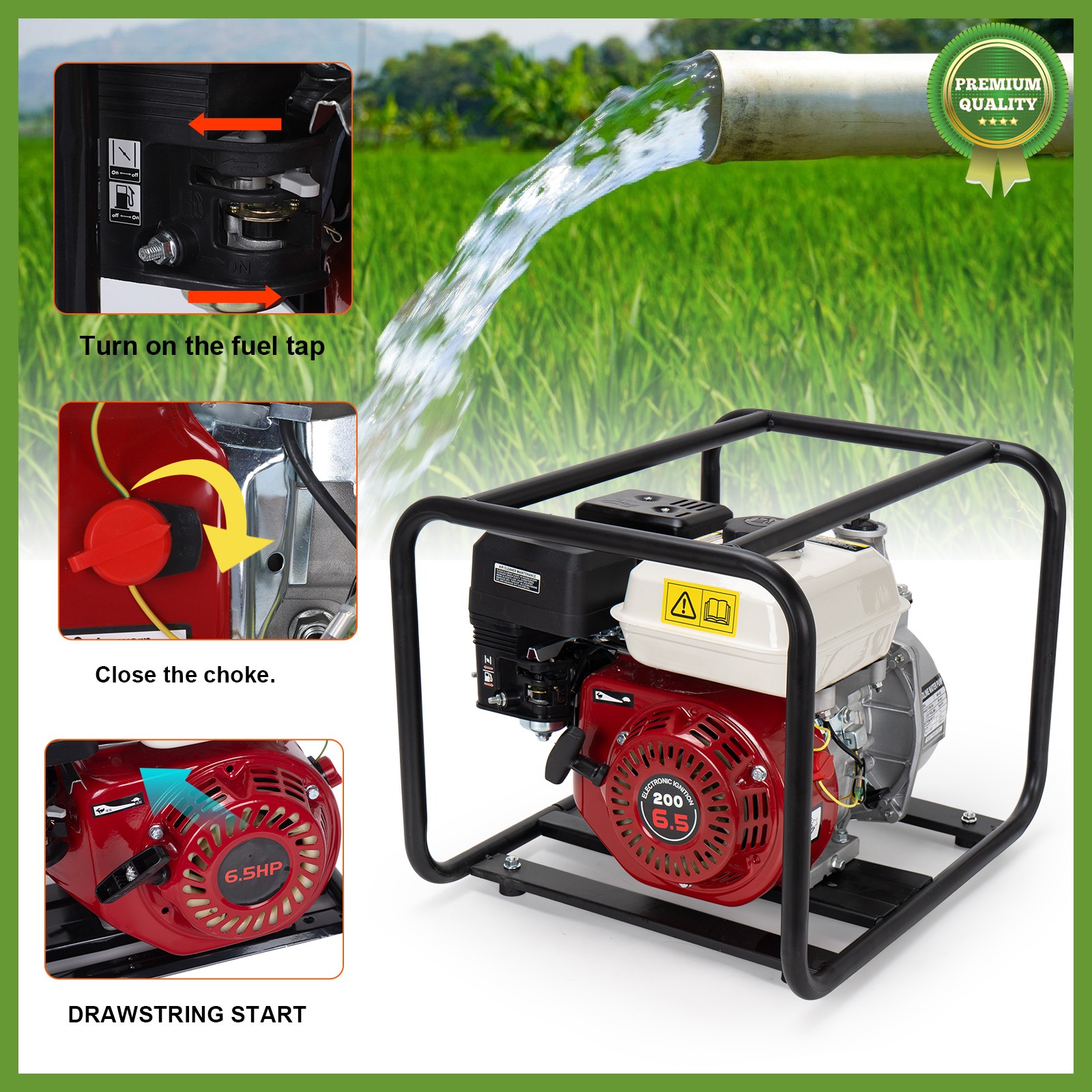Gas-Powered Water Pump 2'' Semi-Trash Water Pump Transfer Pump 158GPM 26.2ft