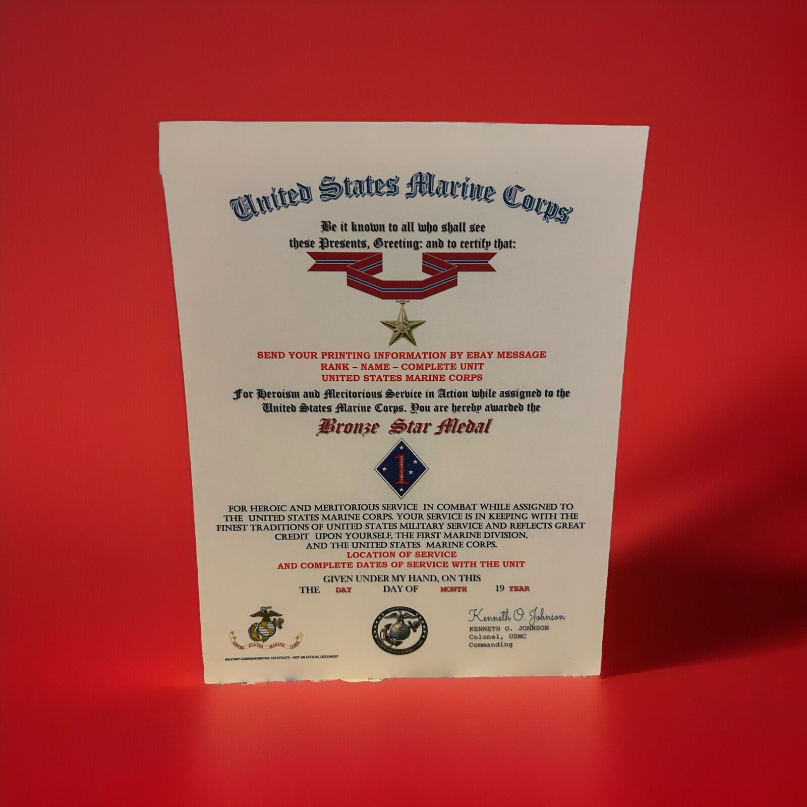 U.S.M.C. / BRONZE STAR MEDAL CERTIFICATE - 1ST MARINE DIVISION