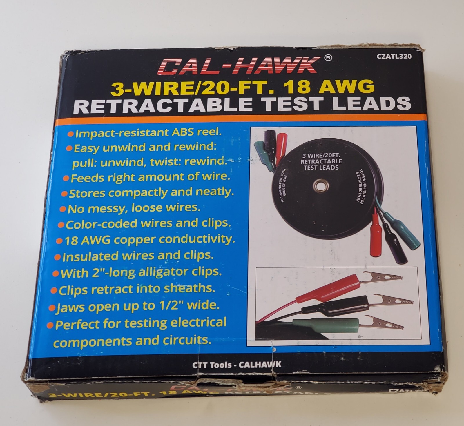 CAL-HAWK 3-WIRE 20-FT 18 AWG RETRACTABLE TEST LEADS 2" Clips