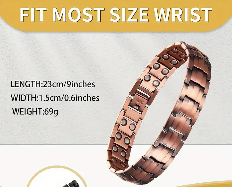 Powerful Magnetic Mens Bracelet Therapy for Pain Relief Solid Copper Bangle