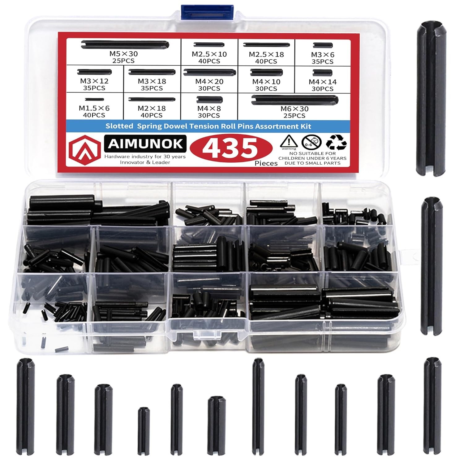 435-Piece Roll Pin Assortment Kit - Slotted Tension Pins, Split Dowels & Expansi