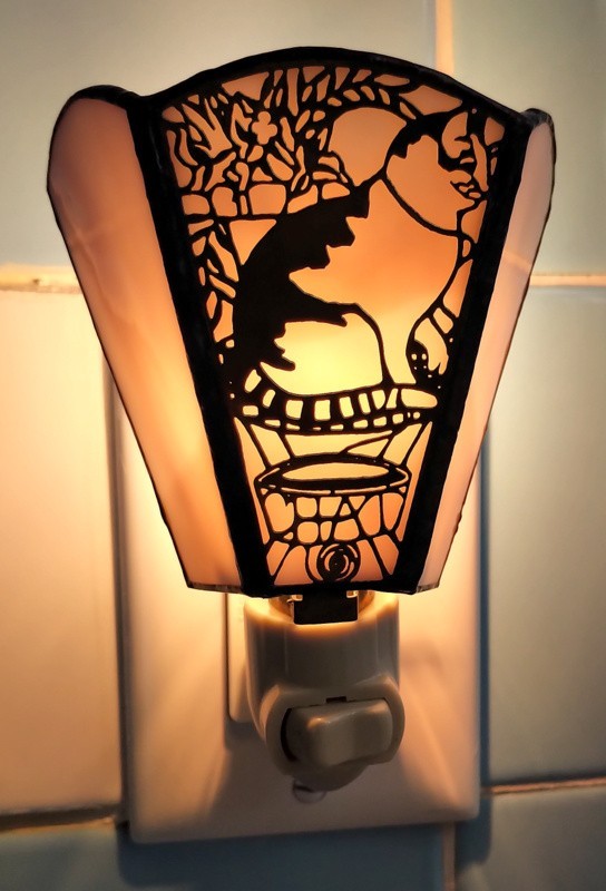 Creamy Mocha Stained Glass Night Light w/ Brass Filigree Cat Detail