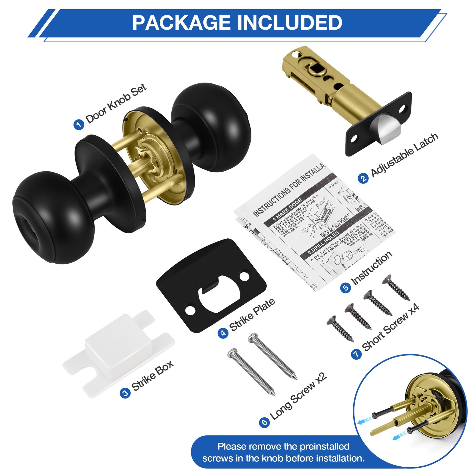 10 Pack Matte Black Door knobs, Keyless Interior Door Locks, Round Ball Keyle...