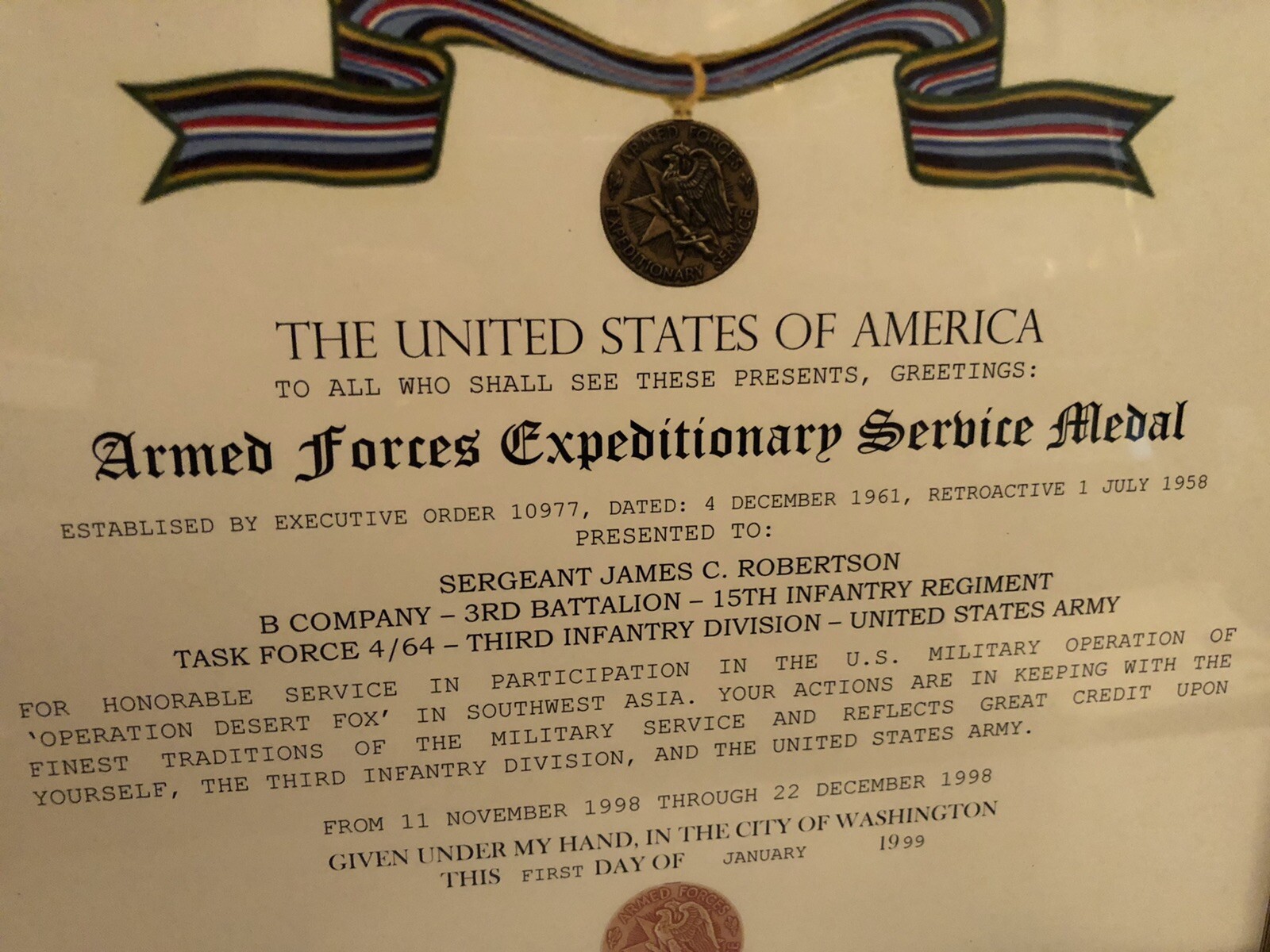 ARMED FORCES EXPEDITIONARY MEDAL / VETERAN COMMEMORATIVE CERTIFICATE (Type-3)