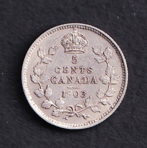 Canada 1903 5c Cents Five Cent Silver .925 Nickel Coin - No H VF-XF