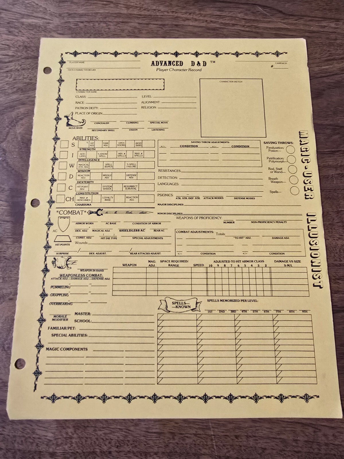 AD&D REF2 Player Character Record Sheet Singles Magic-User/Illusionist TSR