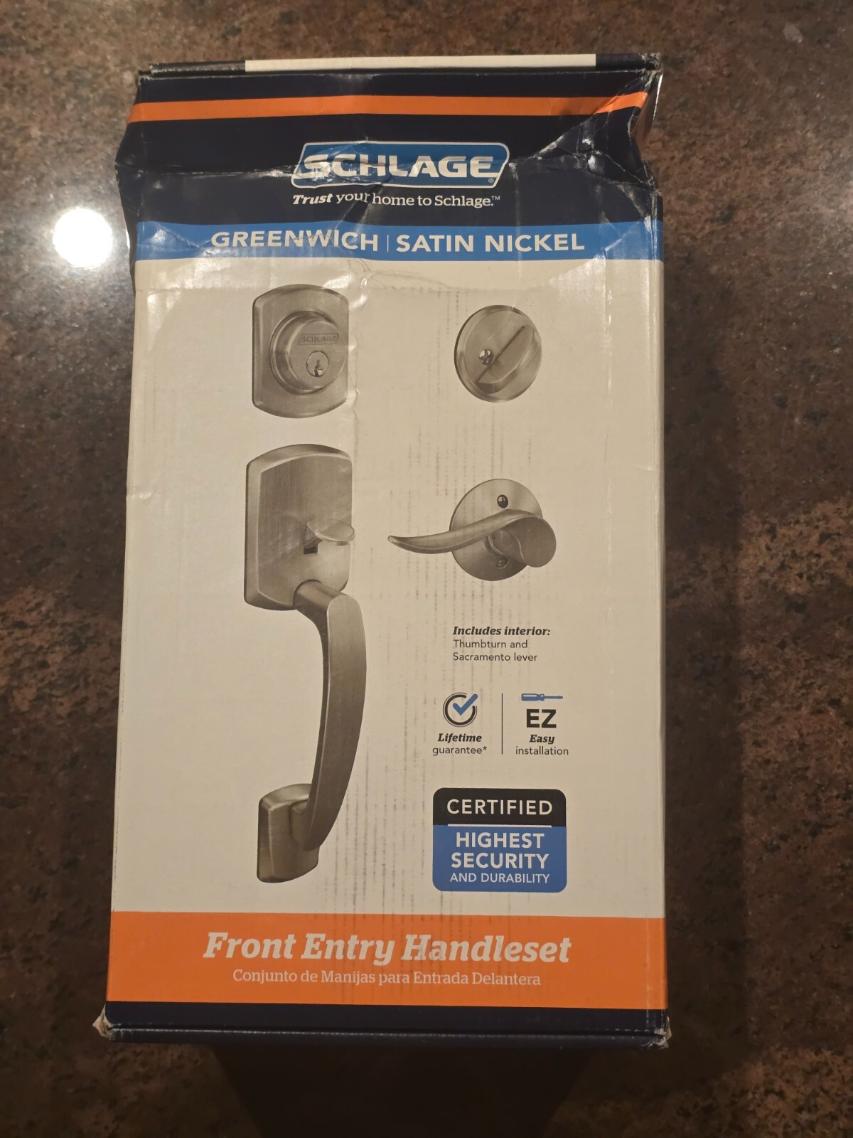 Schlage F60 GRW 619 SAC Greenwich Deadbolt with Sacramento Lever in Satin Nickel