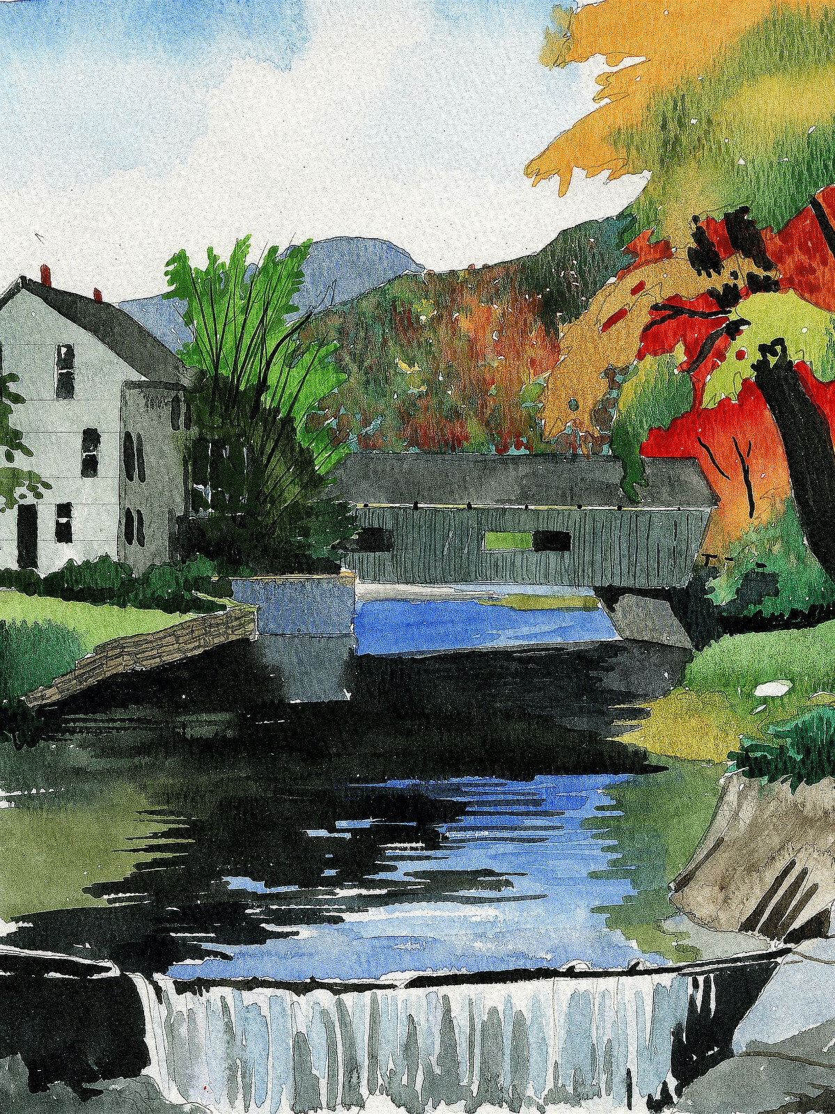 Warren Covered Bridge, Mad River Waterfall Vermont. Fall portrait. Art notecards