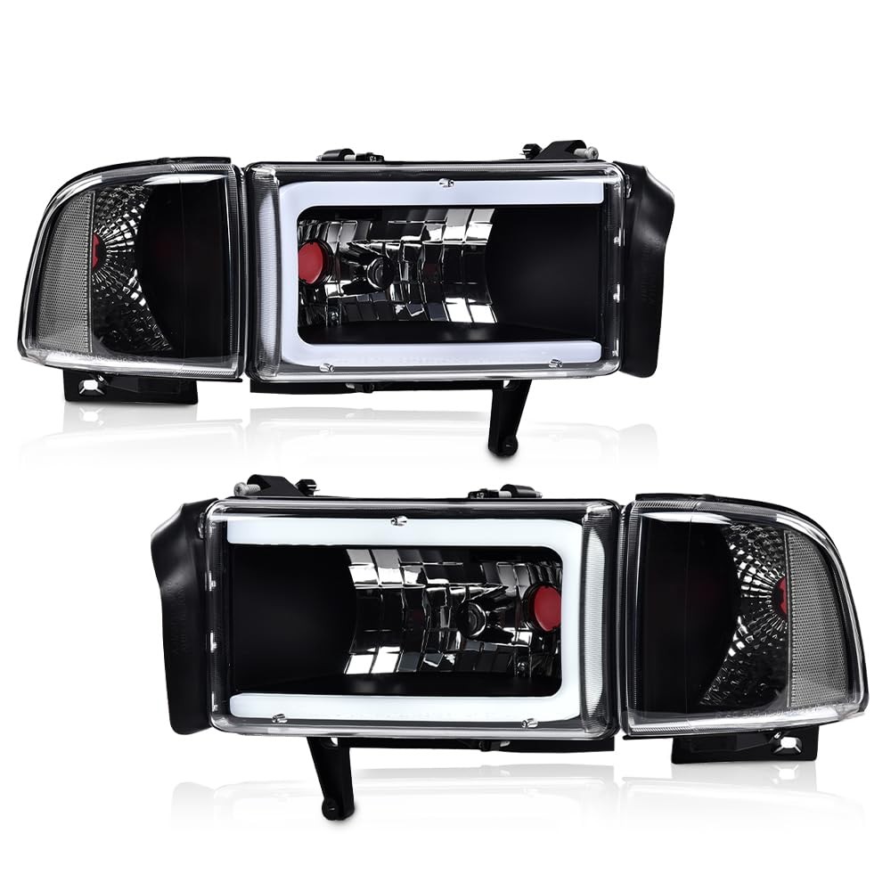 LED Strip Headlamps w/o Bulbs Clear Black Housing for Dodge Ram 2500 3500 1994-2
