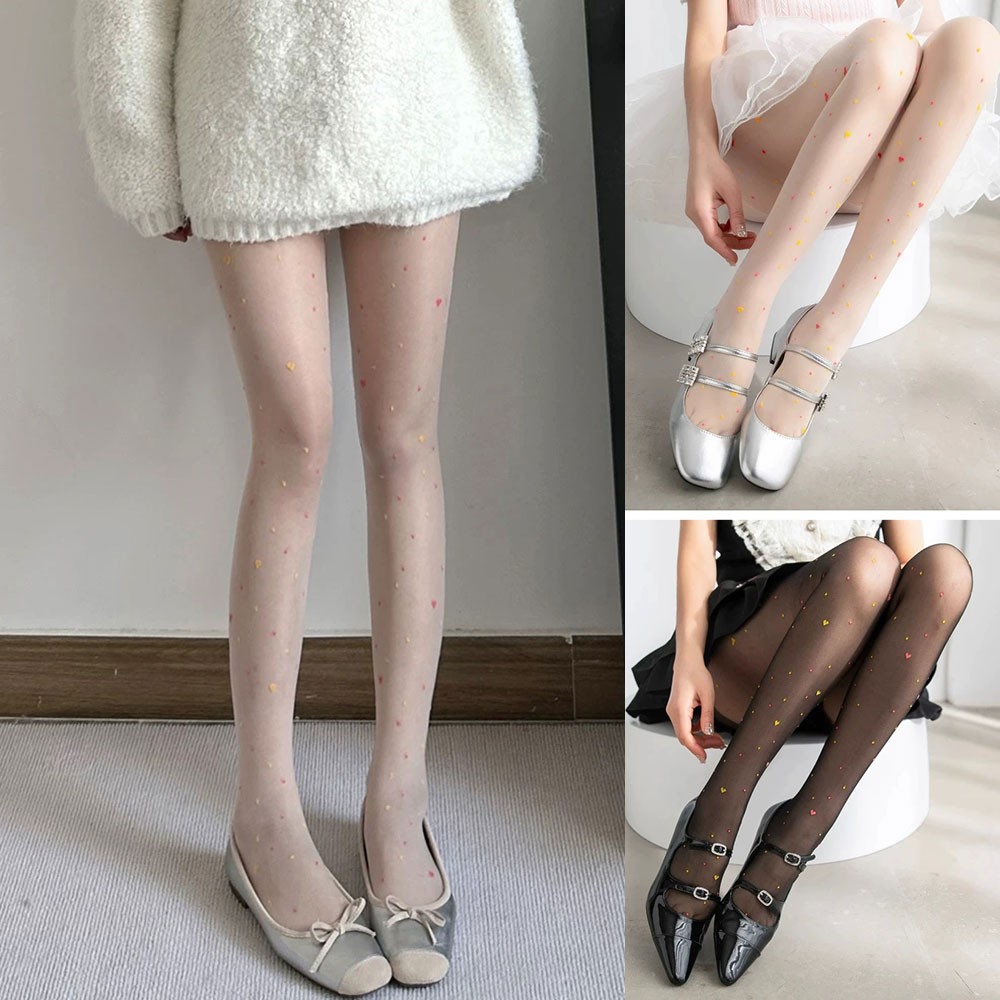 Polka Dot Heart Pattern Stockings for Women - Black and White Nylon Fabric