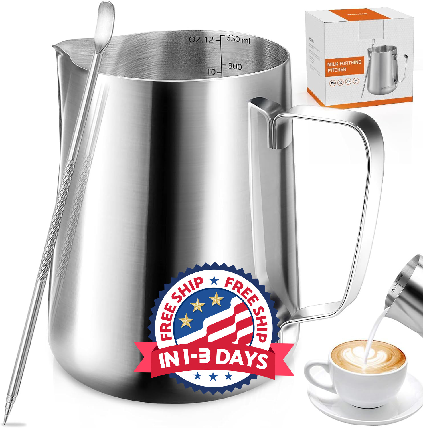 Jarra vaporera de acero inoxidable de 12 oz, taza para espumar leche barista