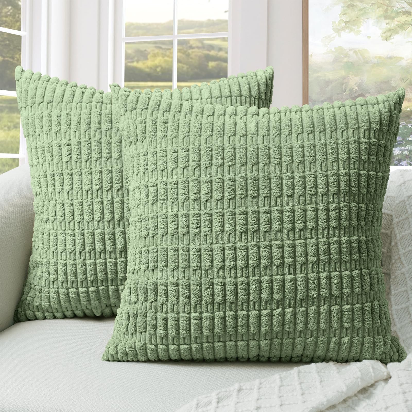 Throw Pillow Covers 18 x 18 Inch, Set of 2, Corduroy Soft Striped Farmhouse B...