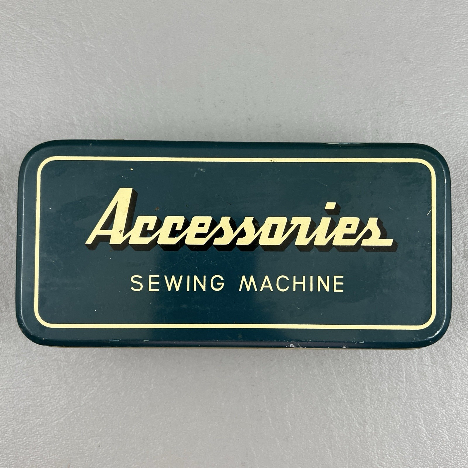 Sewing Machine Accessory Blue Metal Box Hinged Lid Vintage Contents Inside Bonus