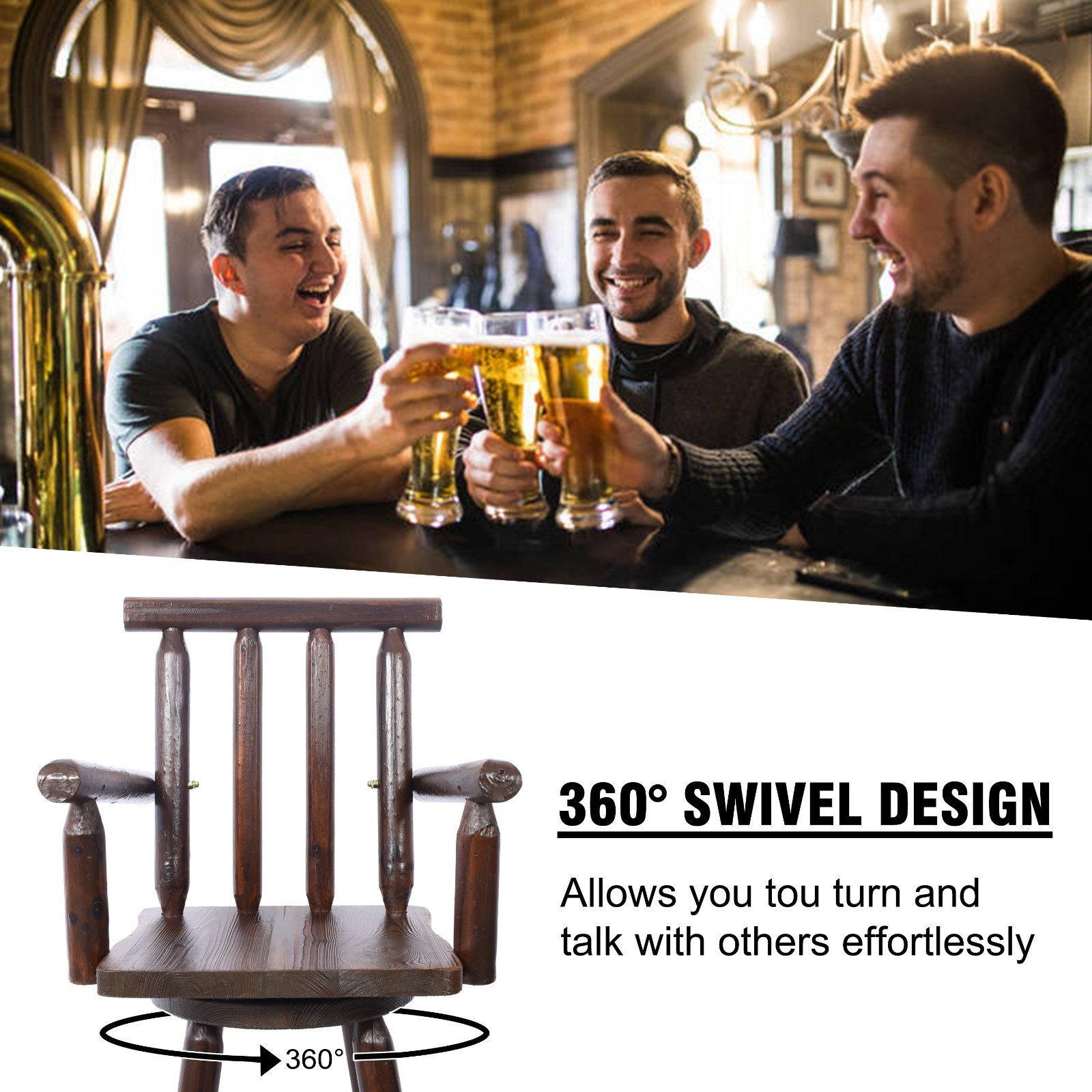 Rustic Fir Wood Bar Stool with Footrest & Wide Armrest, Brown