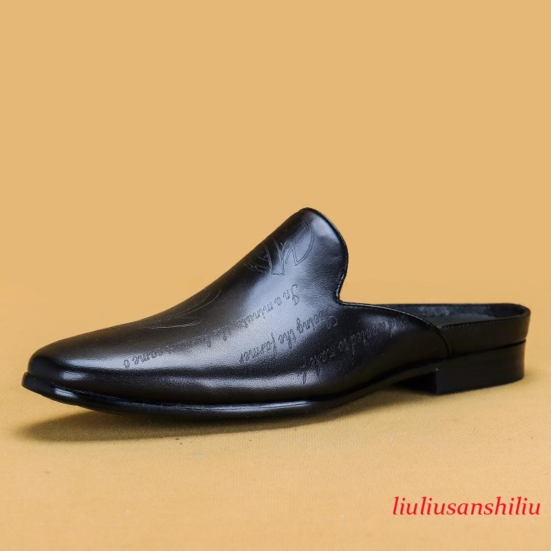 Men Leather Closed Toe Slippers Slip on Mules Shoes Carving Sandals Party Casual