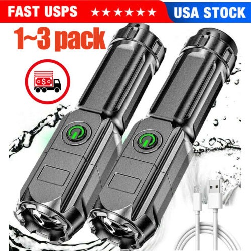 1~3PCS Rechargeable 990000LM LED Flashlight Tactical Super Bright Torch Zoomable