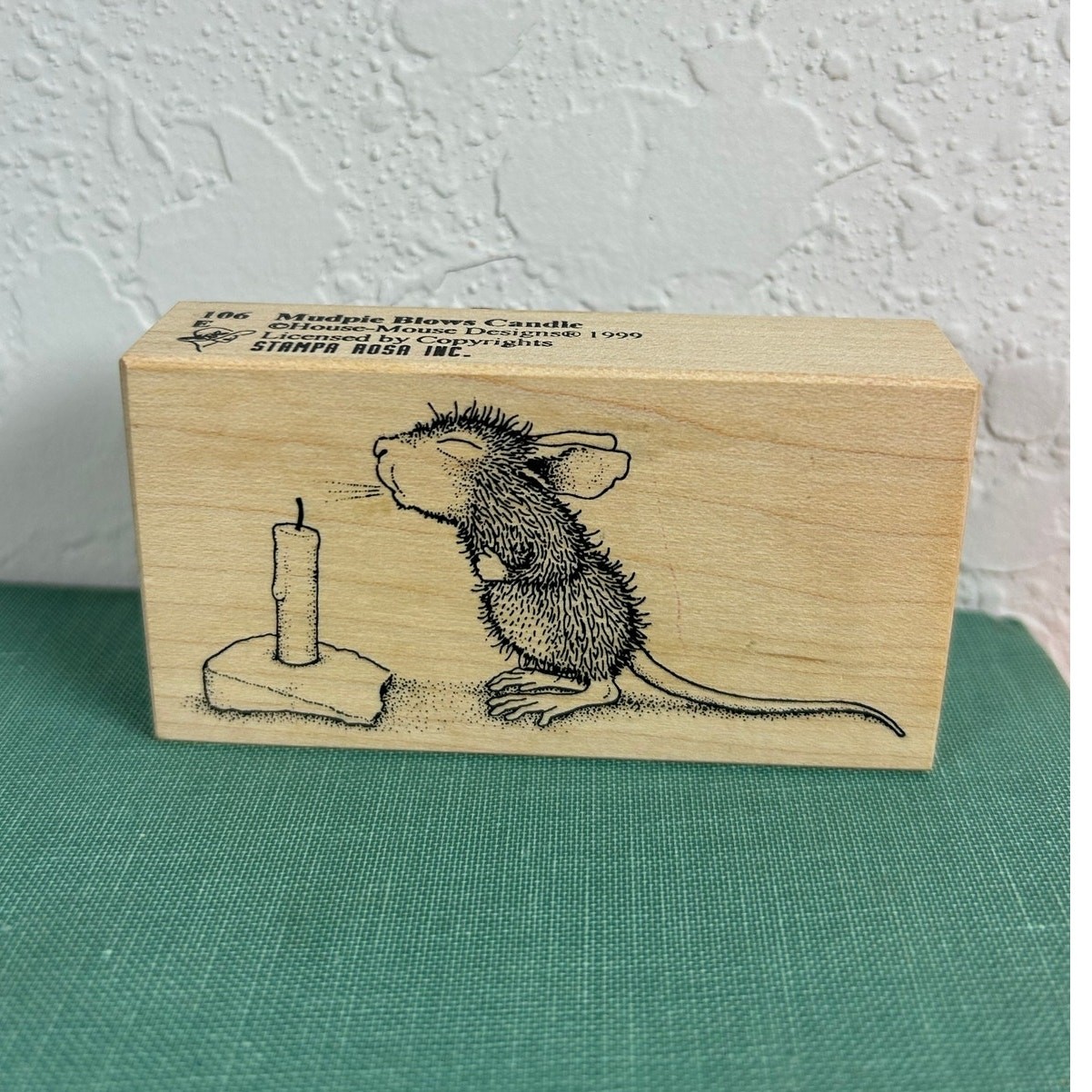 Vtg Wood Mount Rubber Stamp-1999, Mudpie House Mouse Blows Candle- Preowned