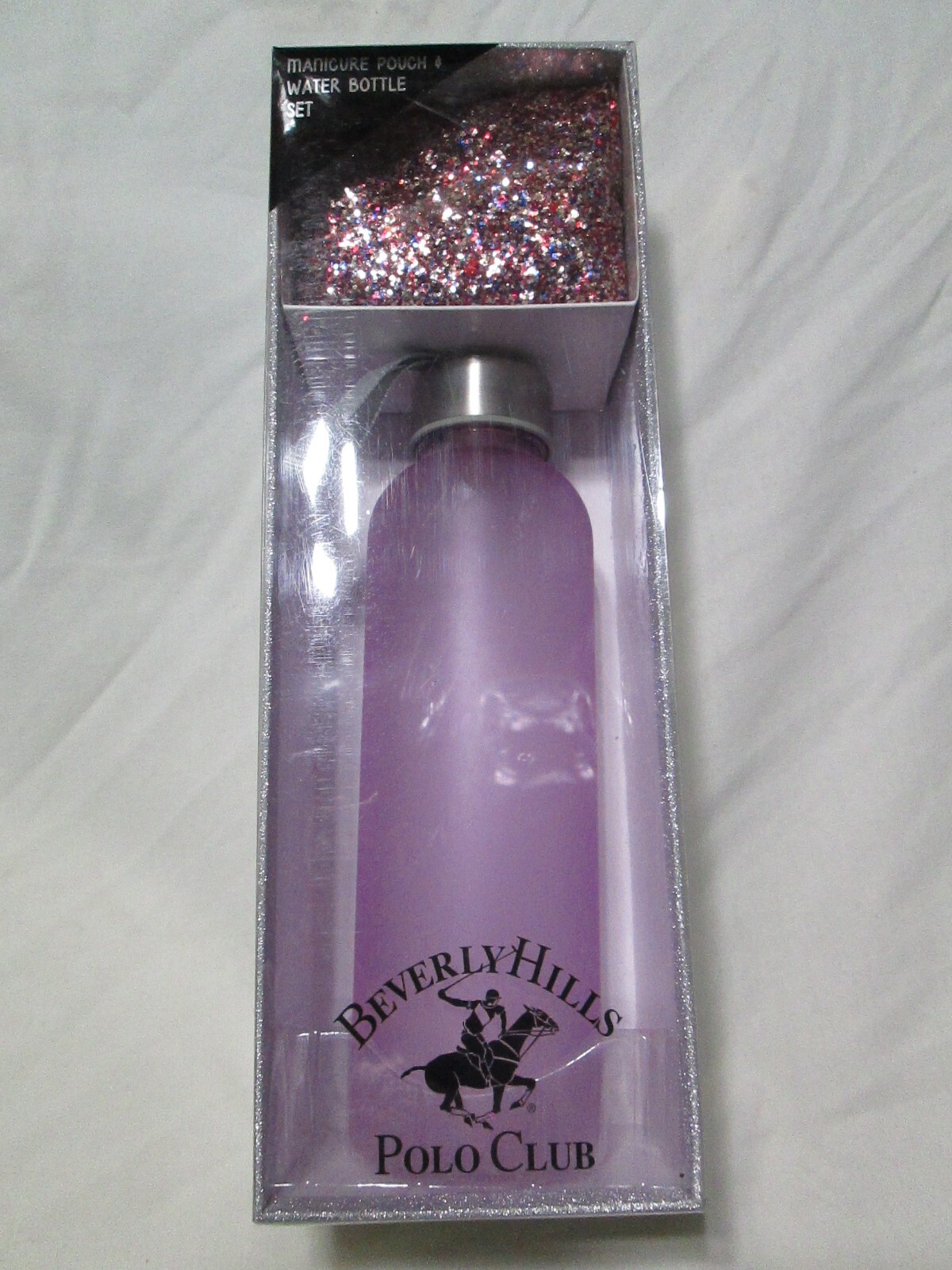 ❤ BEVERLY HILLS Polo Club Water Bottle Manicure Pouch Gift Set Purple FREESHIP