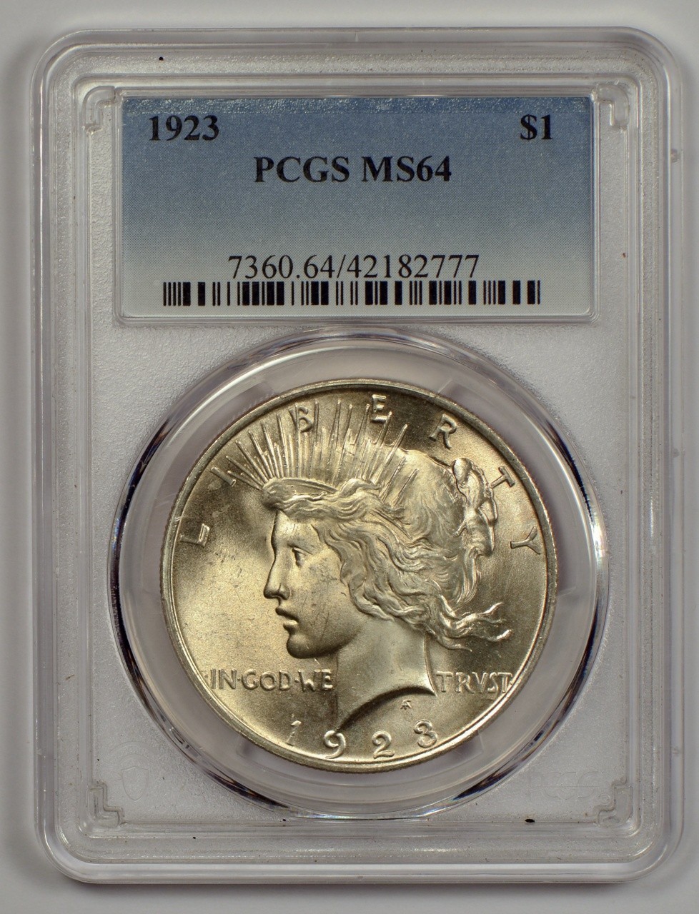 1923 Silver Peace Dollar from the Philadelphia Mint, Graded MS64 by PCGS