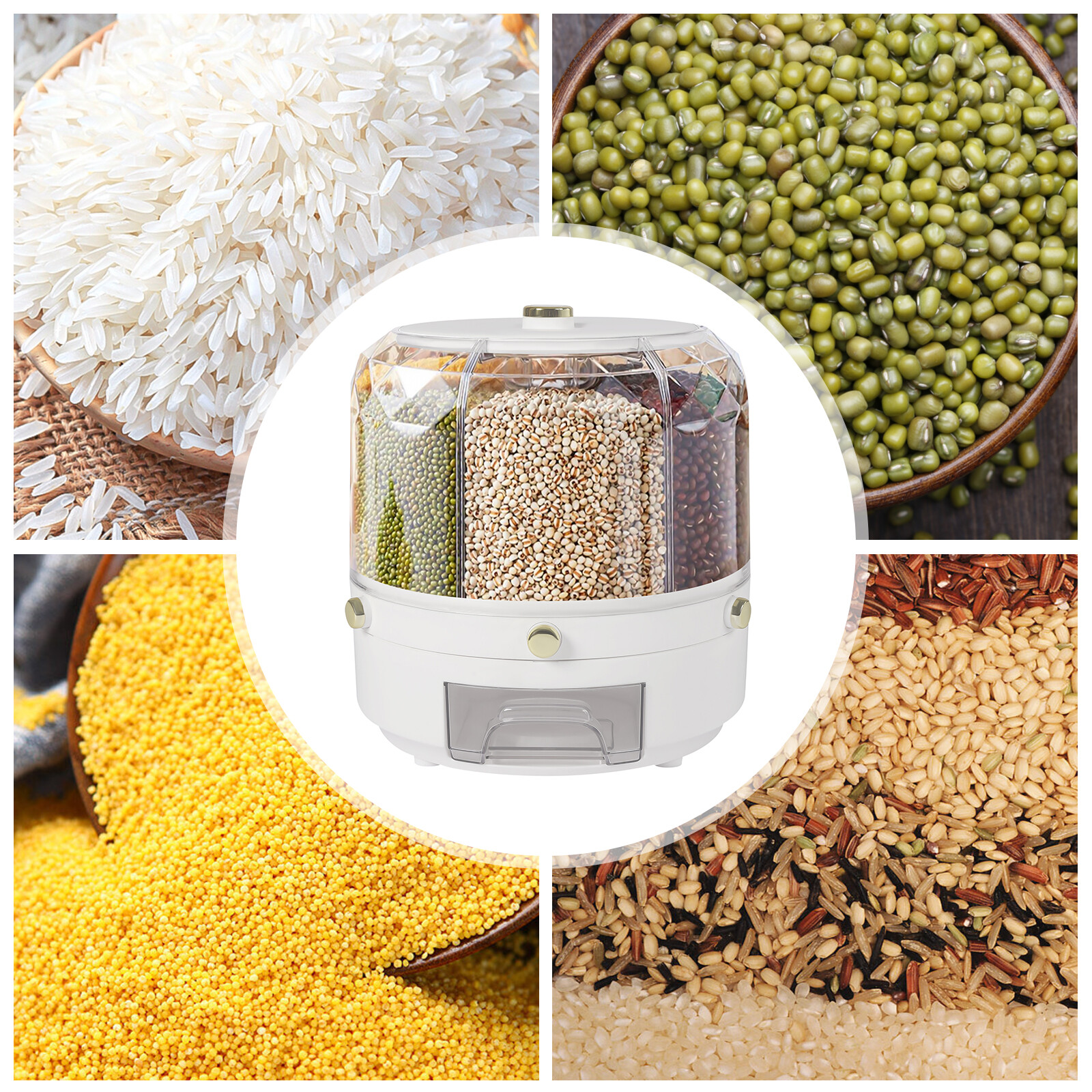6 in 1 360?? Rotating Grain Cereal Dispenser Storage Box Kitchen Rice Container