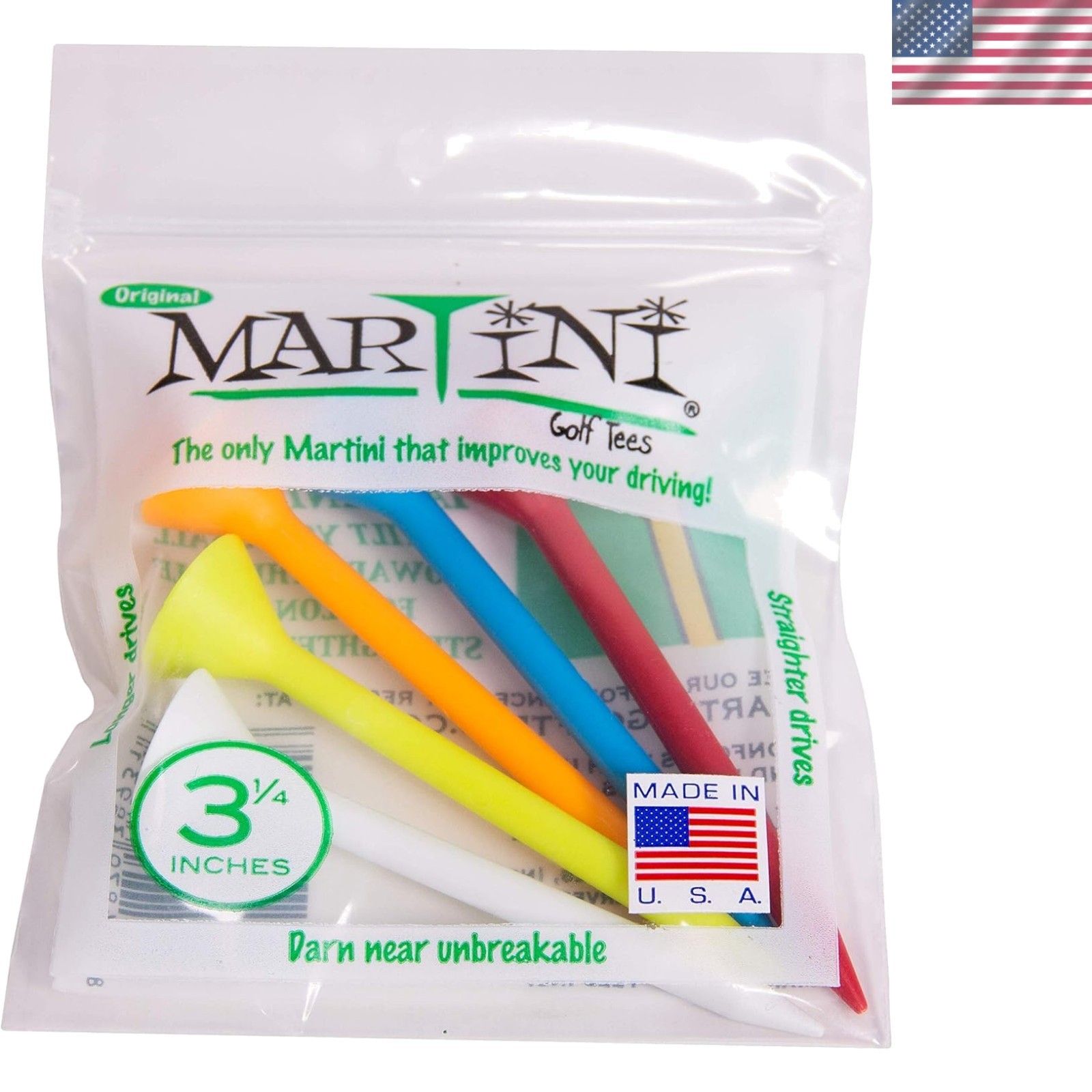 Martini Golf 3-1/4" Durable Plastic Tees 5-Pack Assorted Colors