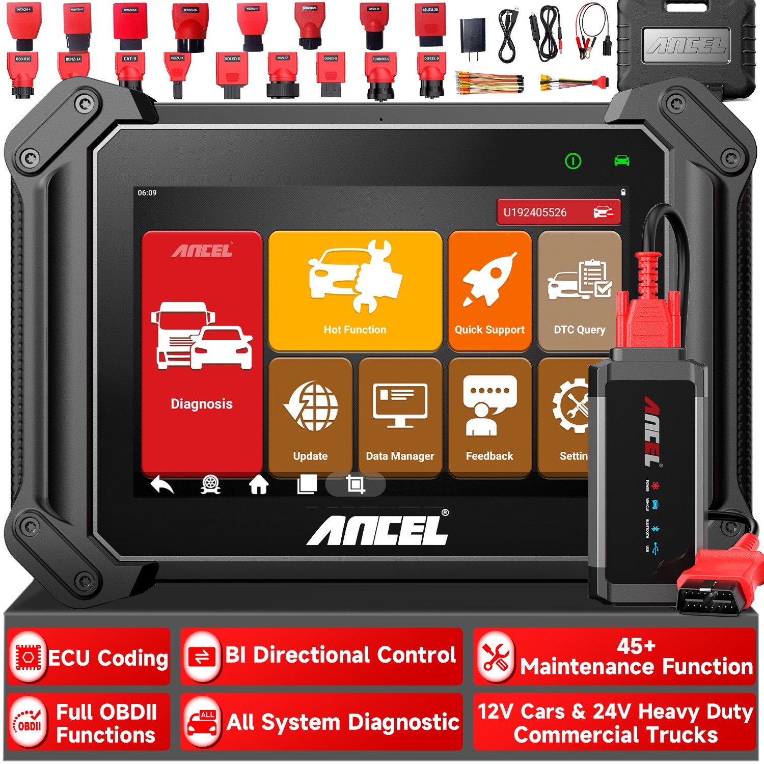 ANCEL V6 Pro+ HD All System Diagnostic OBD2 Scanner ECU Coding For 12V 24V Truck