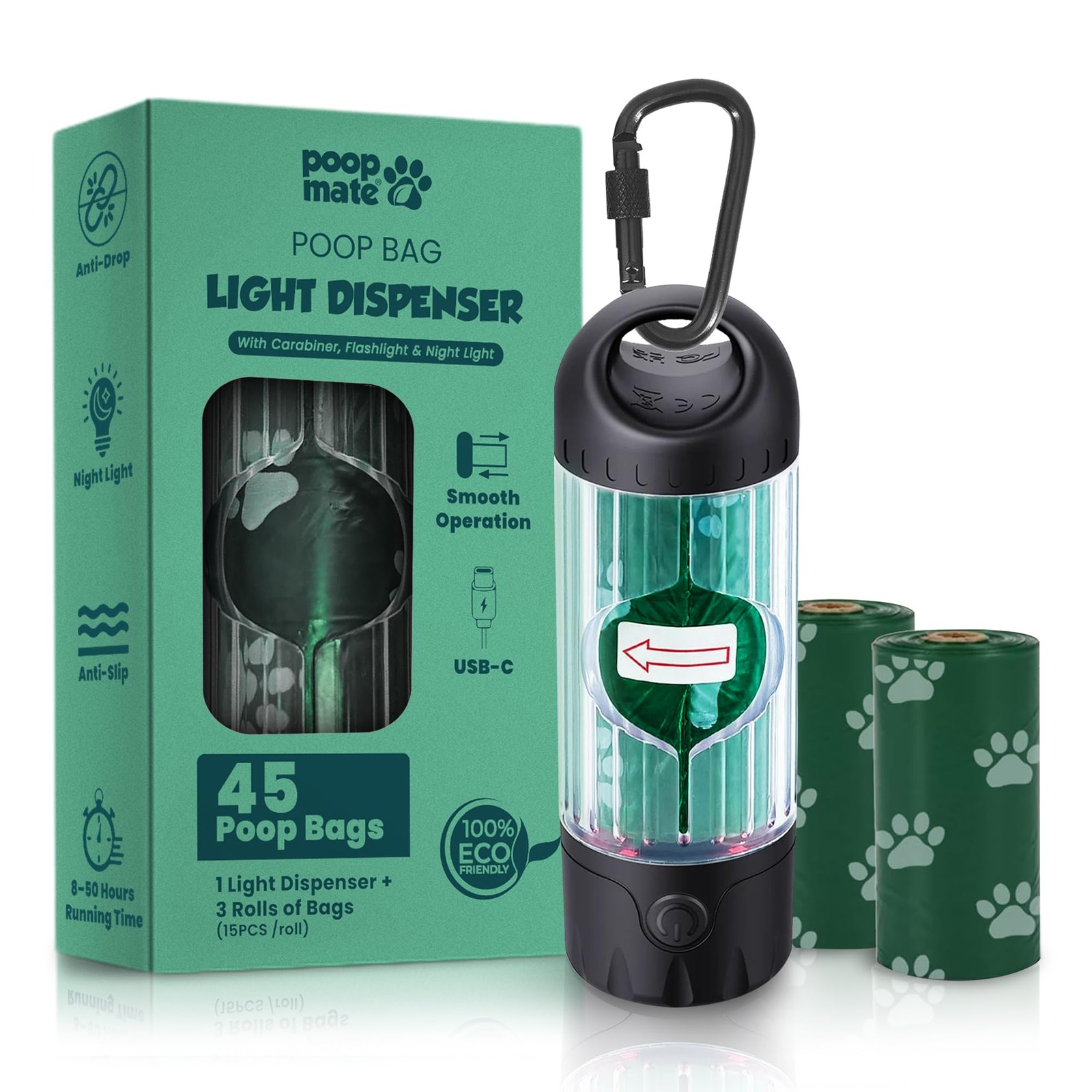 Poop Mate Dog Poop Bag Dispenser with LED Flashlight & 45 Bags (3 Rolls) – USB-C