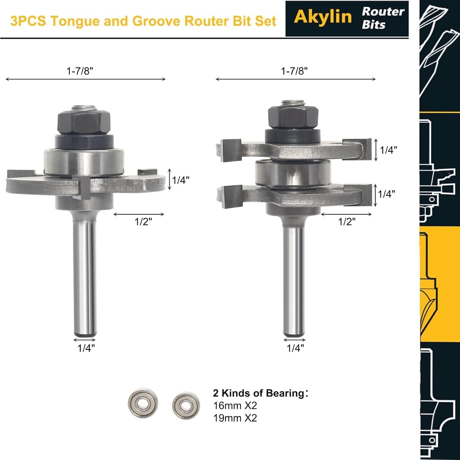 3Pc Tongue and Groove Router Bit Set 1/4 Shank,45 Degree Lock Miter Bit,3 Tee...
