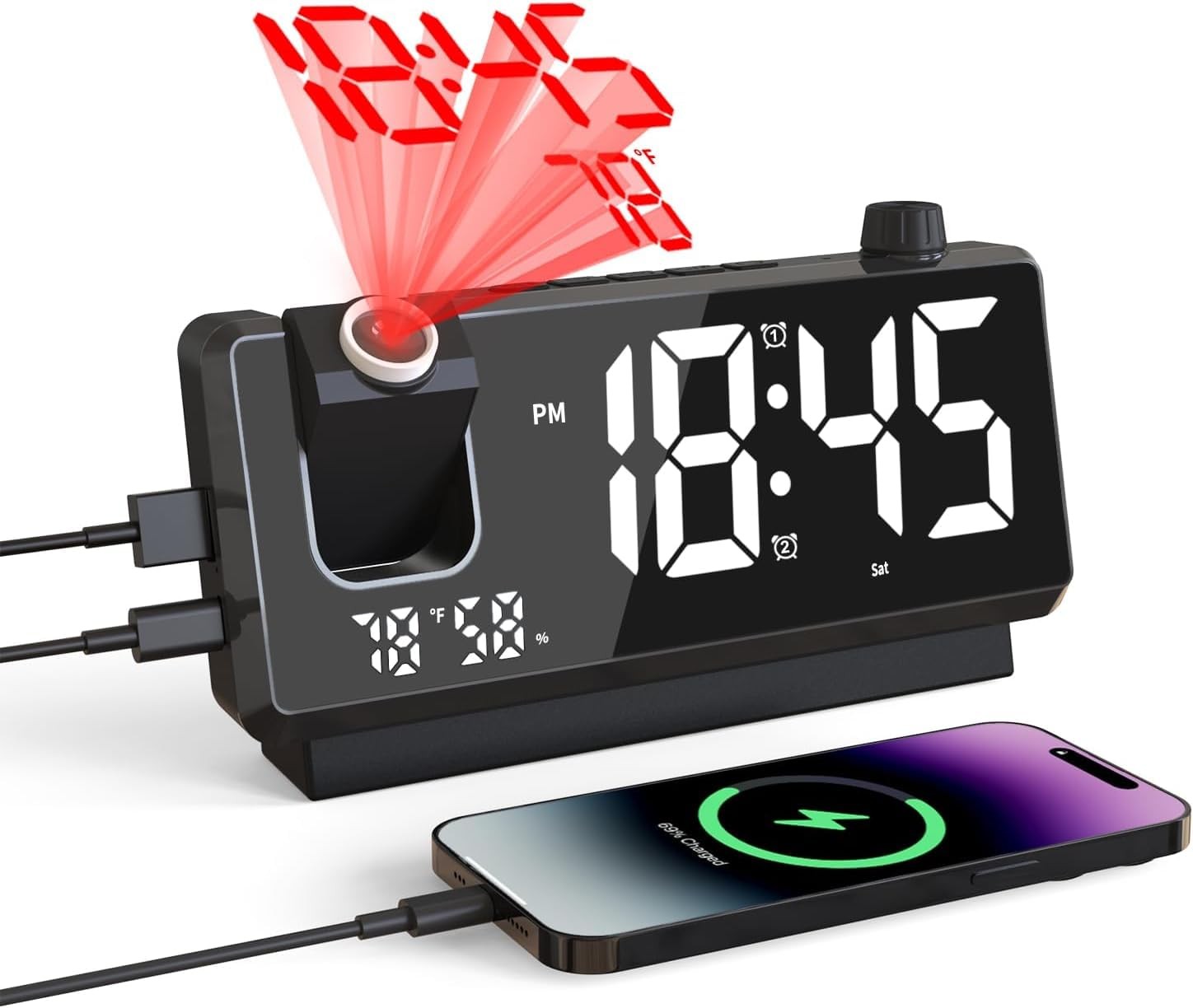 Reloj despertador con proyección para dormitorio, reloj digital con espejo 180°