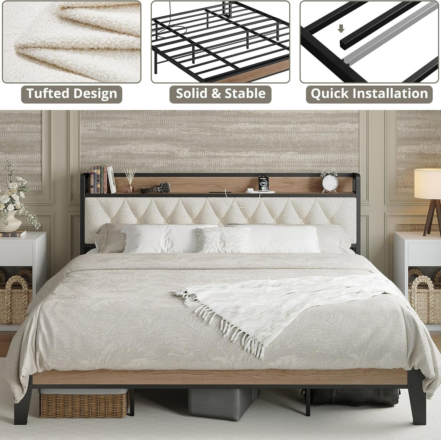 King Bed Frame, Storage Headboard with Charging Station, Platform Bed Frame with