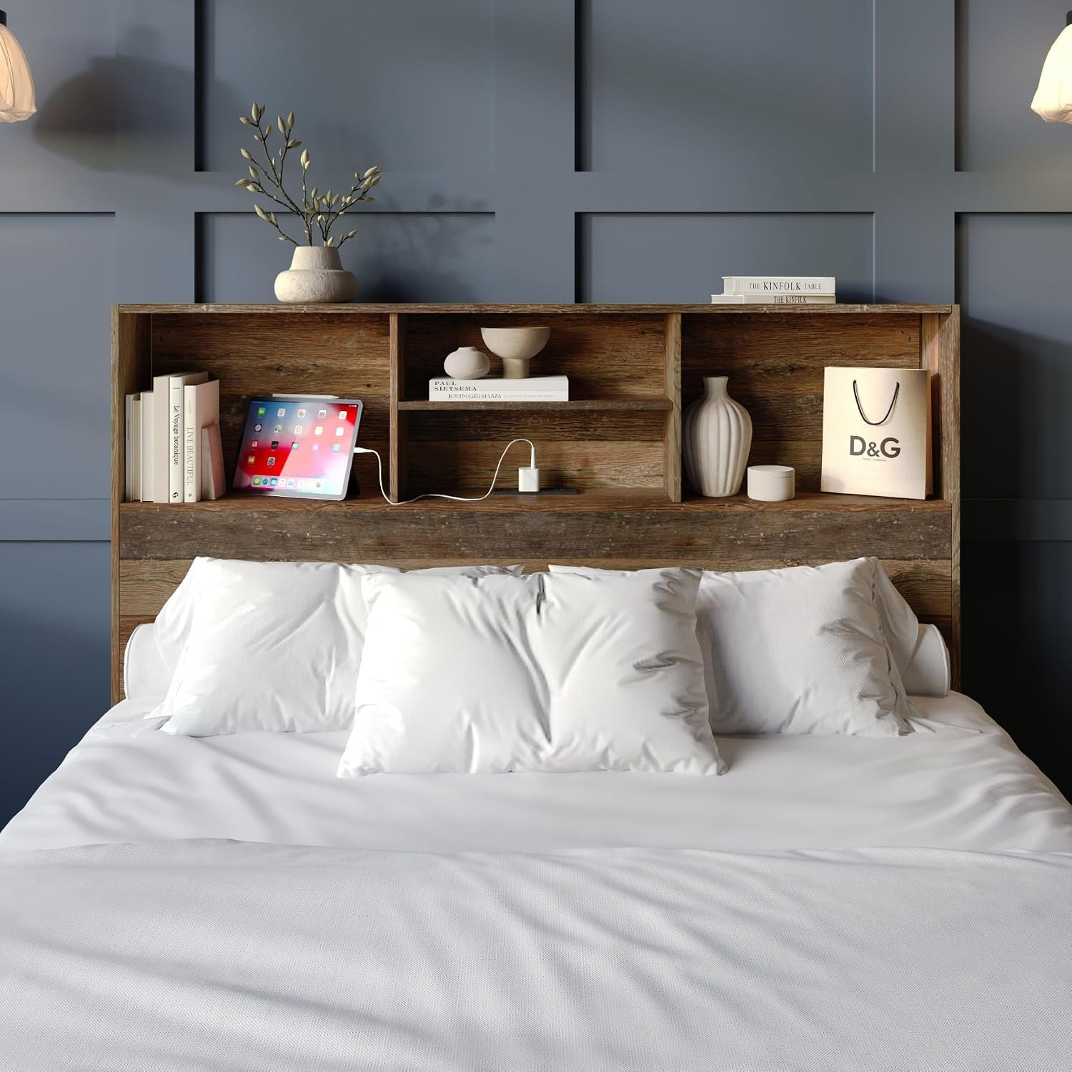 Pomona Full Storage Headboard, Vintage Oak | Built-In Power Outlet and USB Charg