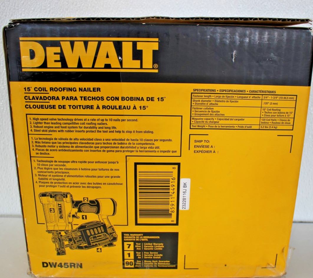 DEWALT DW45RN 15 Degree Coil Roofing Nailer - TOOL ONLY
