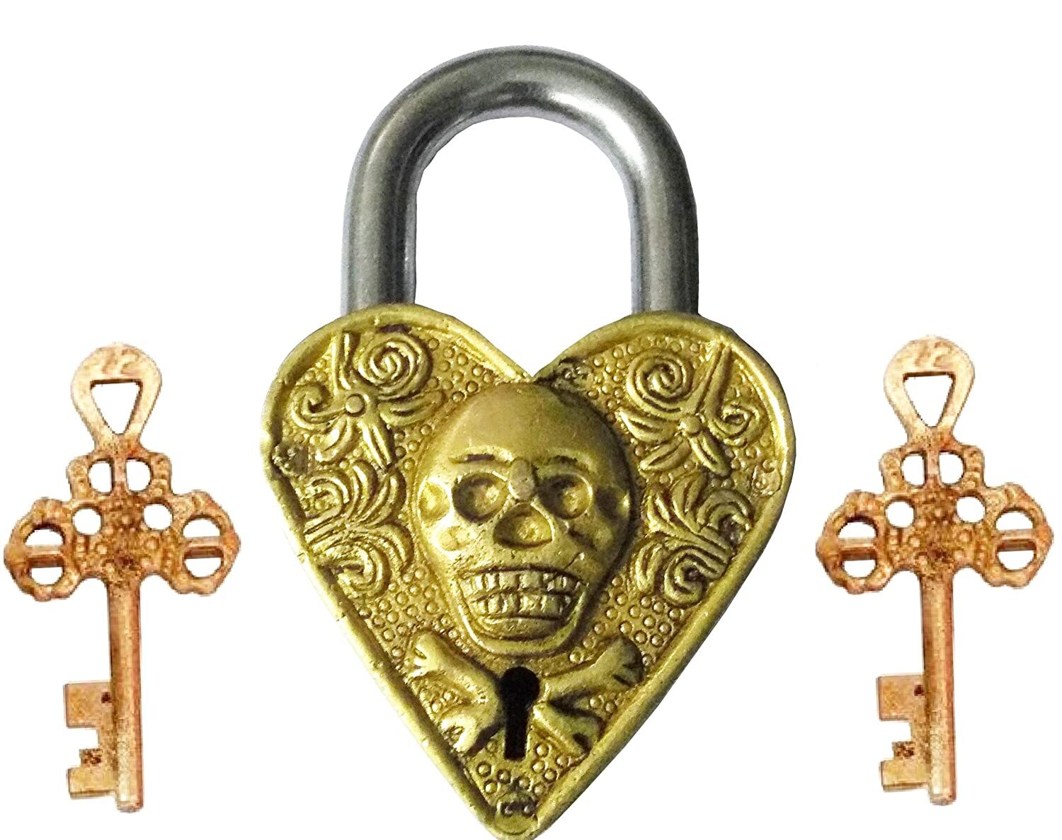 Handmade Vintage Style Rare Pirate Heart Shape Brass Padlock with Keys