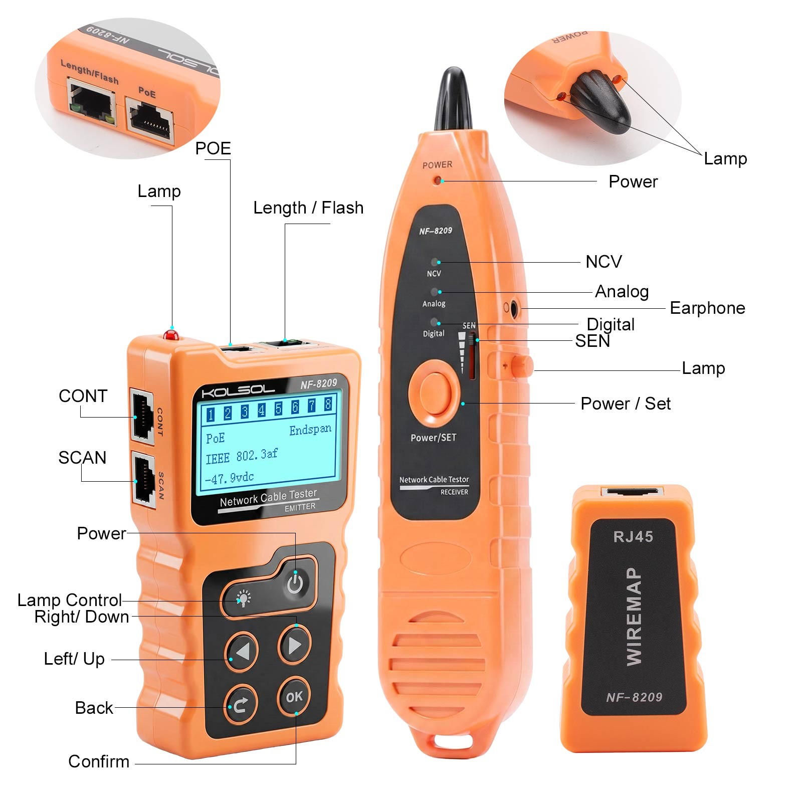 NF-8209 POE Wire Checker Cat5/6 Lan Test Network Tool Scan Cable Wiremap Tester