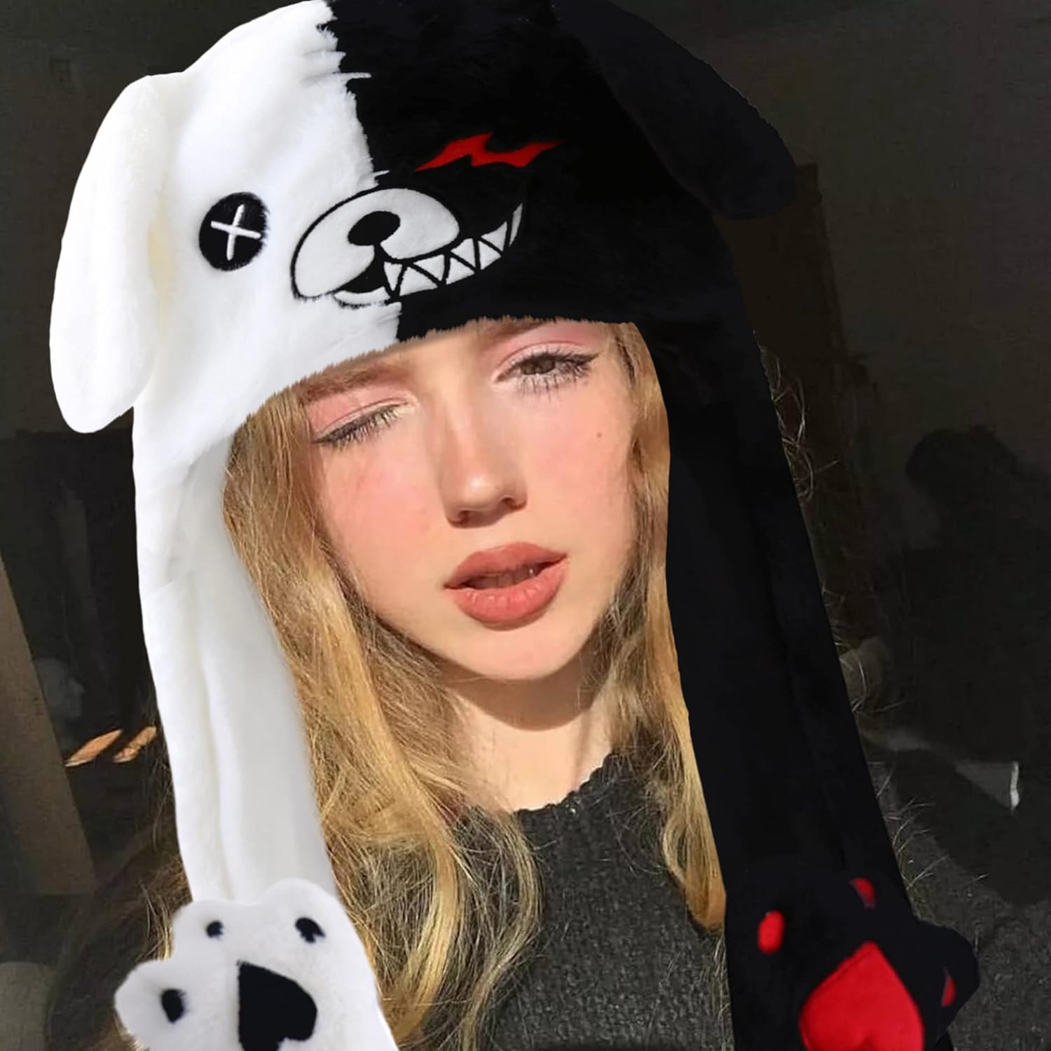Black White Bear Hat Moving Ears,Pressing Jumping Hat Cap Paws Will Make Ears Mo