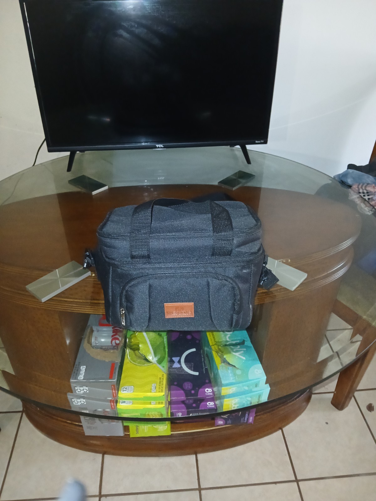 Insulated Cooler Bag Black Polyester Zipper Strap Pocket