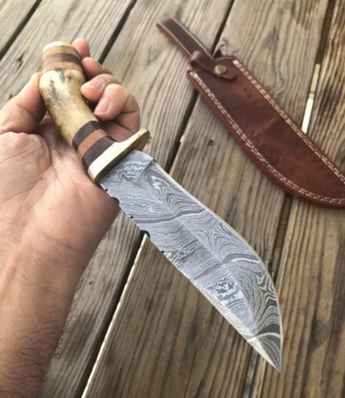 8 Inch Handmade Damascus Fixed Blade Knife Tactical Skinning Hunting Stag Handle